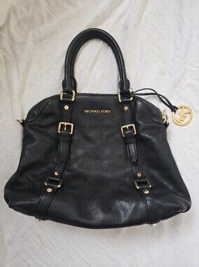 Michael Kors Black Leather Shoulder Tote with Gold Accents